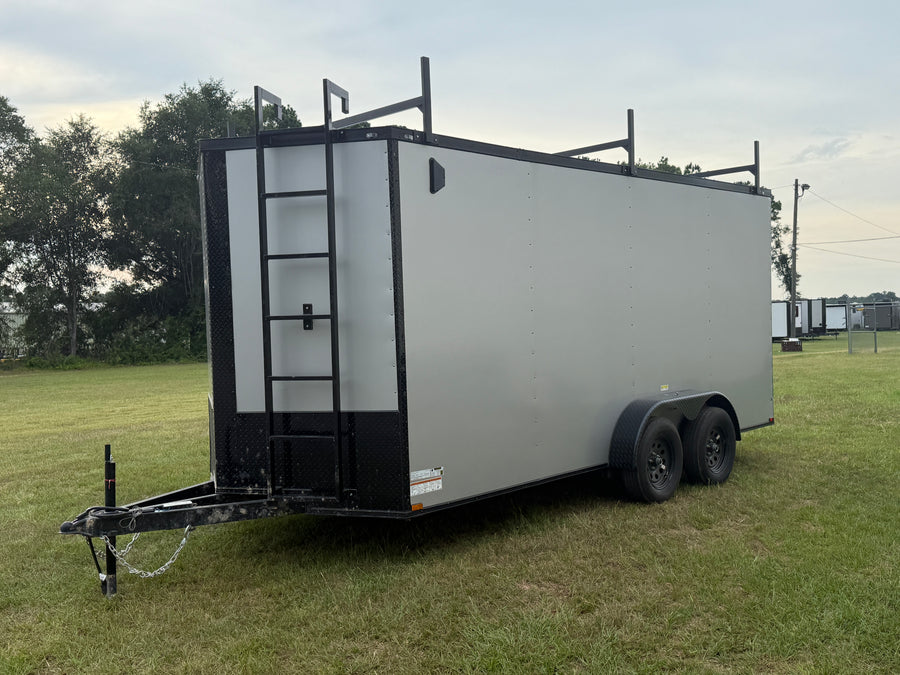 7x16 Silver Enclosed Work Trailer 3 Ladder Racks — image 1 of 8