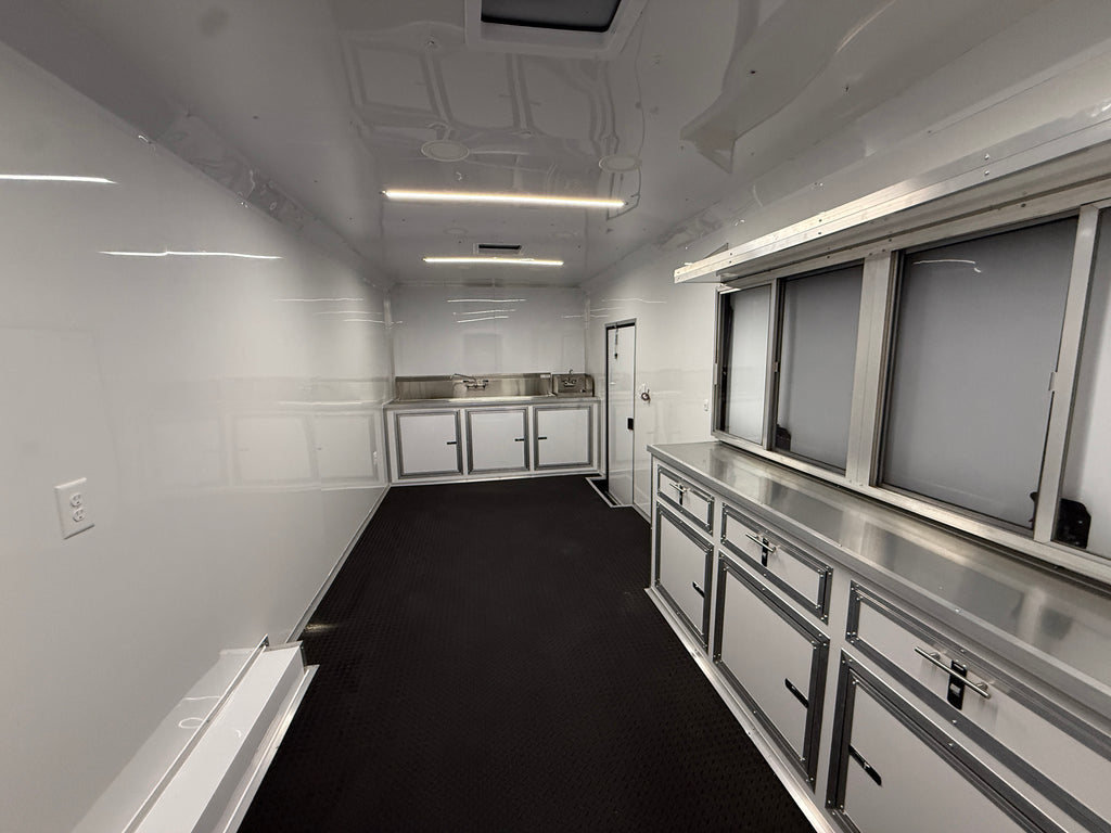 8.5X32TA White Concession Gullwing Porch Trailer | Half Bathroom