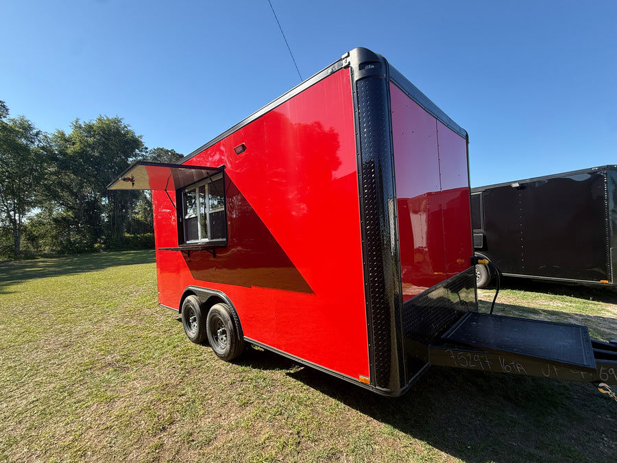 8.5x16 Red Food Concession Trailer Ready for Equipment — image 1 of 13