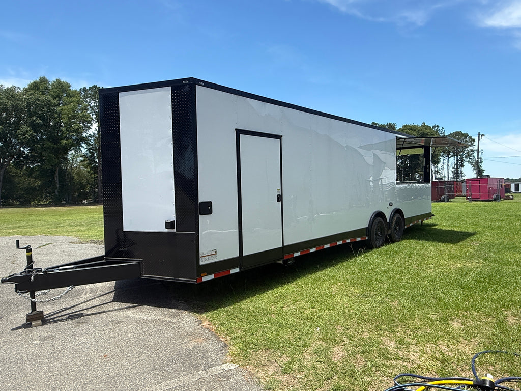 8.5X30TA White Concession Gullwing Porch Trailer