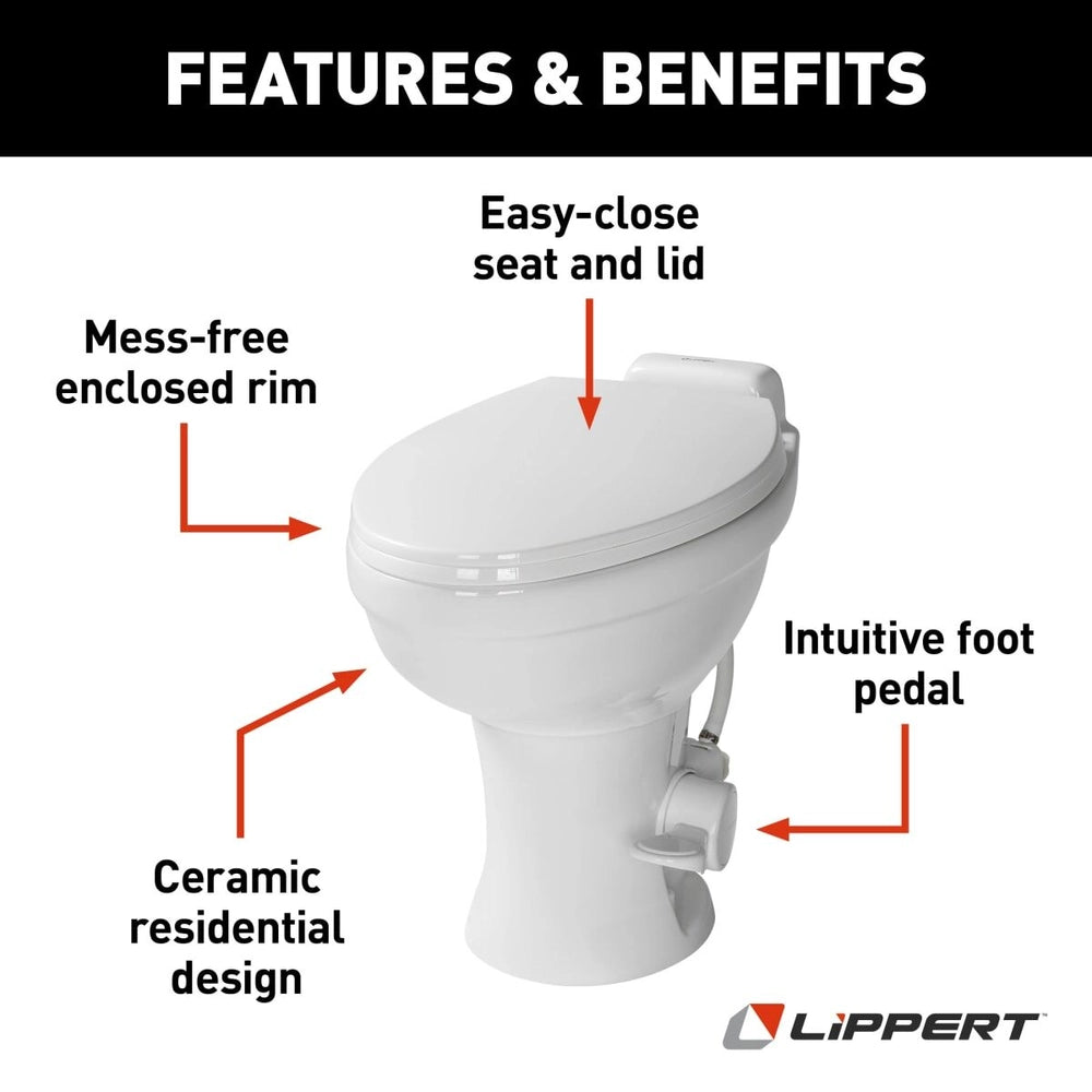 Lippert Flow Max RV Toilet  Elongated Ceramic Bowl White